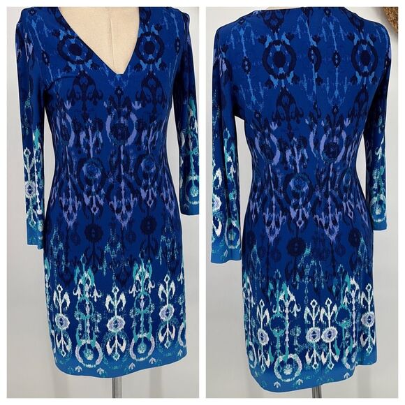 Ali Ro Printed MIDI Sheath Dress V-Neck 3/4‎ Sleeve Stretch Pullover Blue 2 - Picture 14 of 14
